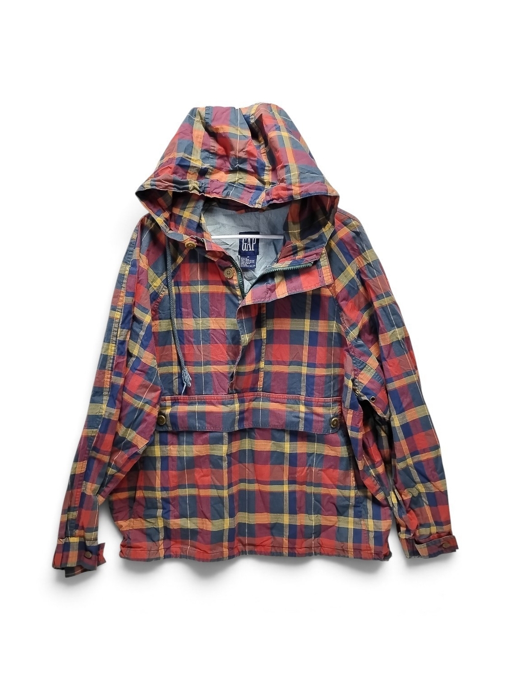 1990s Gap cotton anorak jacket featuring a bold red, yellow, and navy plaid M